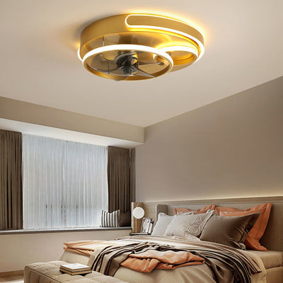 Contemporary Nordic Round Five Fan Blades Iron Aluminum ABS LED Flush Mount Ceiling Fan Light For Bedroom