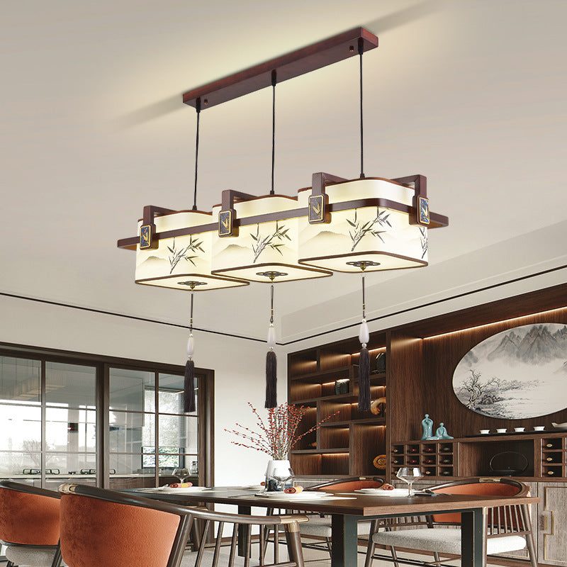 Traditional Chinese Square Lantern Shape Oak Copper PVC LED Chandeliers For Dining Room