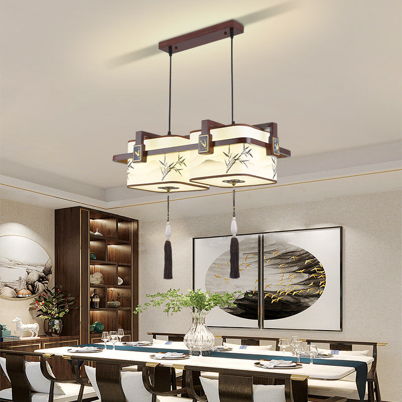 Traditional Chinese Square Lantern Shape Oak Copper PVC LED Chandeliers For Dining Room