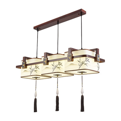 Traditional Chinese Square Lantern Shape Oak Copper PVC LED Chandeliers For Dining Room