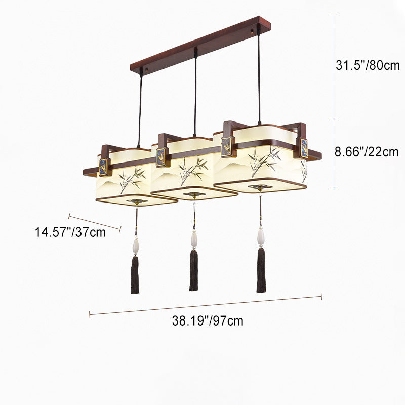 Traditional Chinese Square Lantern Shape Oak Copper PVC LED Chandeliers For Dining Room