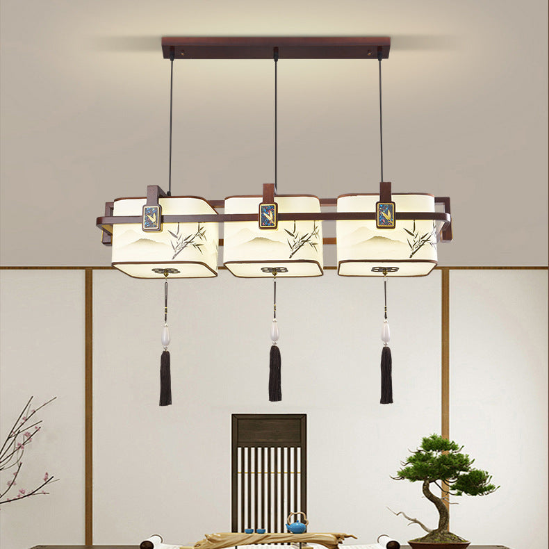 Traditional Chinese Square Lantern Shape Oak Copper PVC LED Chandeliers For Dining Room