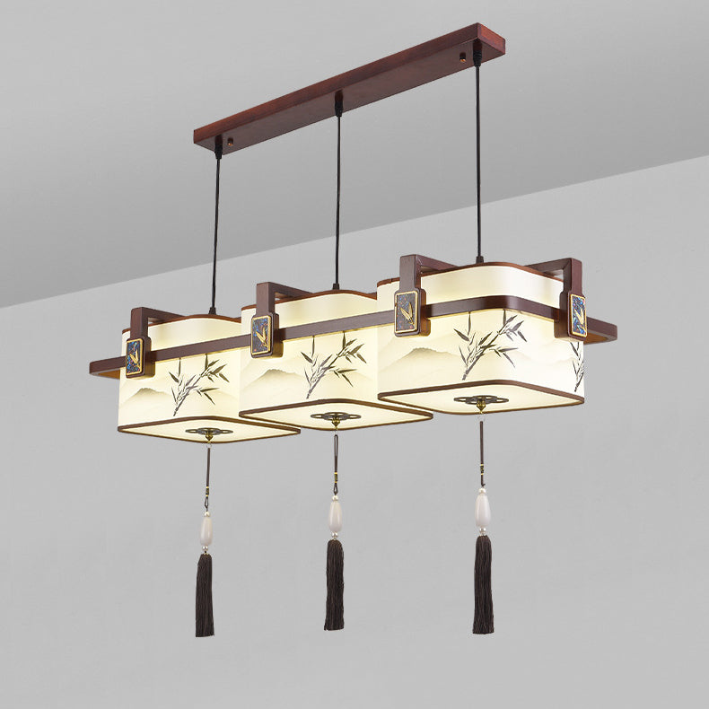 Traditional Chinese Square Lantern Shape Oak Copper PVC LED Chandeliers For Dining Room