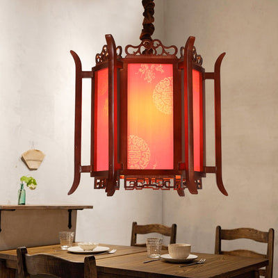 Traditional Chinese Lantern Shape Wood Imitation Sheepskin 1 - Light Pendant Light For Dining Room