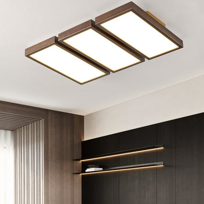 Contemporary Retro Rectangle Blocks Acrylic Walnut LED Flush Mount Ceiling Light For Living Room