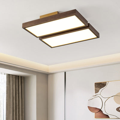 Contemporary Retro Rectangle Blocks Acrylic Walnut LED Flush Mount Ceiling Light For Living Room