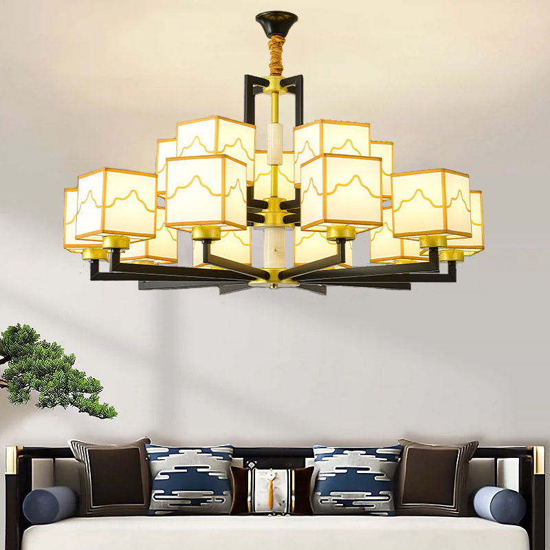 Traditional Chinese Square Pattern Fabric Lampshade Iron 6/8/10/15 - Light Chandeliers For Living Room