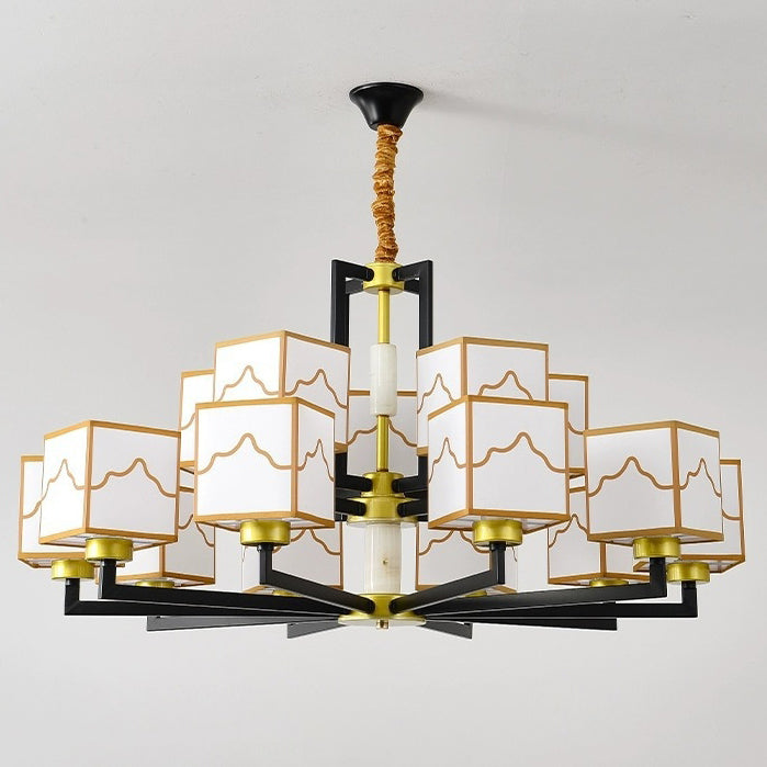 Traditional Chinese Square Pattern Fabric Lampshade Iron 6/8/10/15 - Light Chandeliers For Living Room