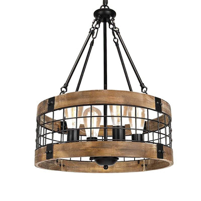 Traditional Rustic Cylinder Birdcage Shape Wood Grain Iron 4 - Light Chandeliers For Dining Room