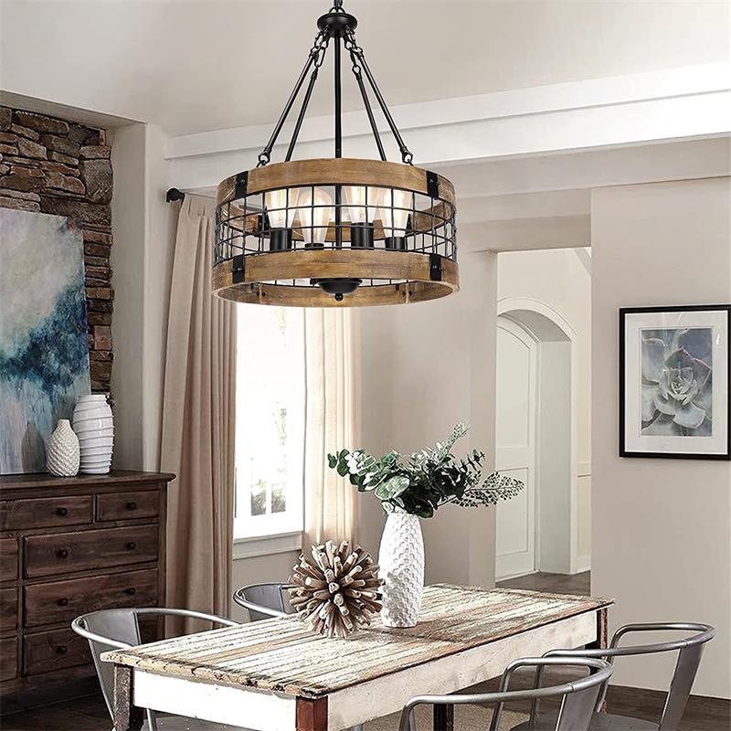 Traditional Rustic Cylinder Birdcage Shape Wood Grain Iron 4 - Light Chandeliers For Dining Room