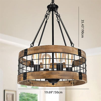 Traditional Rustic Cylinder Birdcage Shape Wood Grain Iron 4 - Light Chandeliers For Dining Room