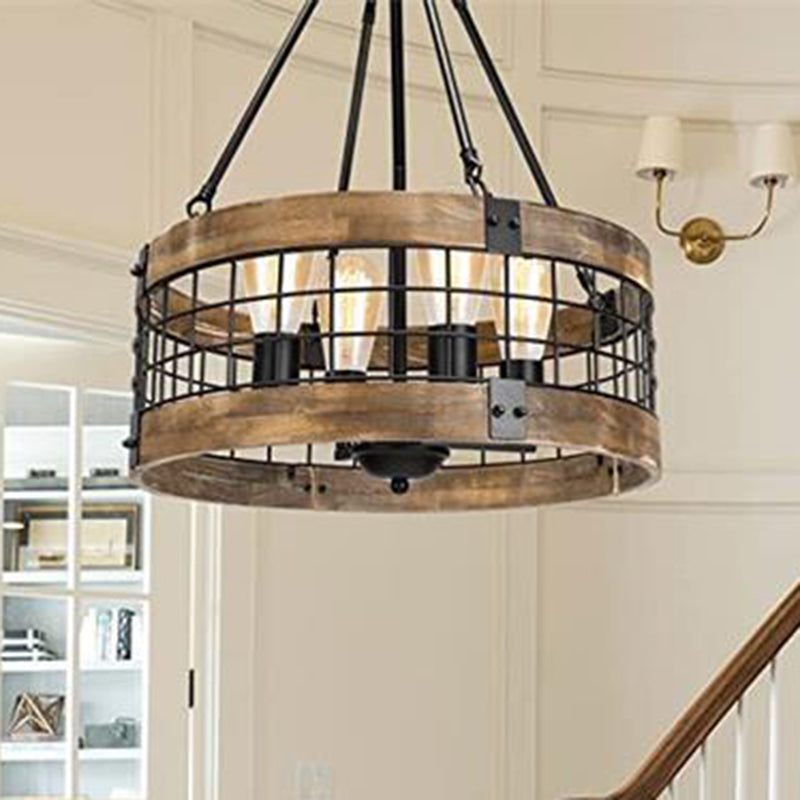 Traditional Rustic Cylinder Birdcage Shape Wood Grain Iron 4 - Light Chandeliers For Dining Room