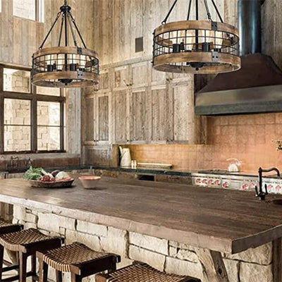 Traditional Rustic Cylinder Birdcage Shape Wood Grain Iron 4 - Light Chandeliers For Dining Room