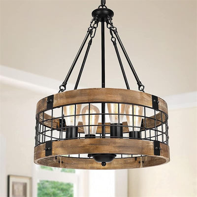 Traditional Rustic Cylinder Birdcage Shape Wood Grain Iron 4 - Light Chandeliers For Dining Room