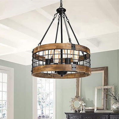 Traditional Rustic Cylinder Birdcage Shape Wood Grain Iron 4 - Light Chandeliers For Dining Room