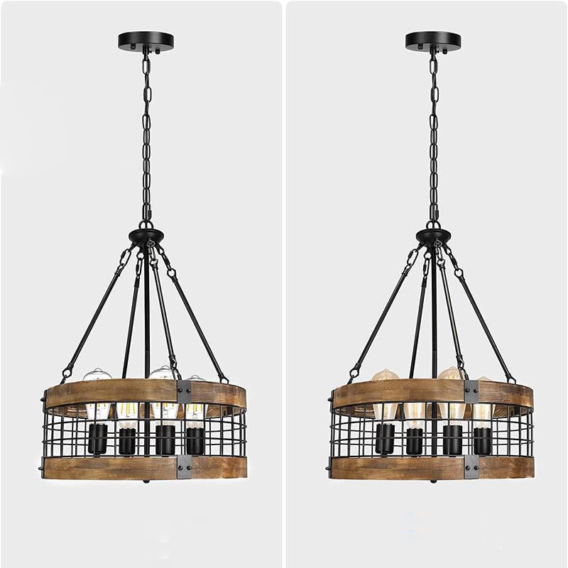 Traditional Rustic Cylinder Birdcage Shape Wood Grain Iron 4 - Light Chandeliers For Dining Room