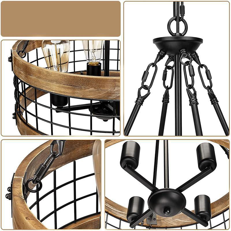 Traditional Rustic Cylinder Birdcage Shape Wood Grain Iron 4 - Light Chandeliers For Dining Room