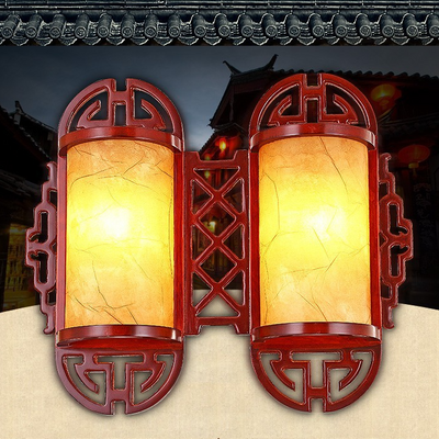 Traditional Chinese Cylinder Imitation Sheepskin Lampshade Wood 1/2 - Light Wall Sconce Lamp For Bedroom