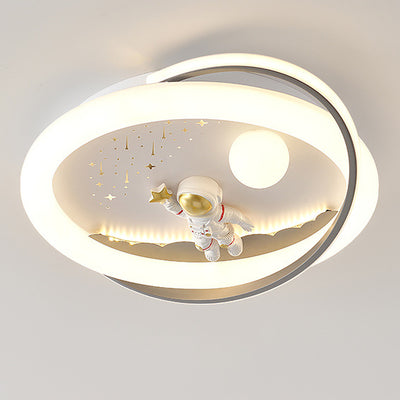 Contemporary Creative Unicorn Astronaut Rocket Round Iron Acrylic Resin LED Flush Mount Ceiling Light For Bedroom