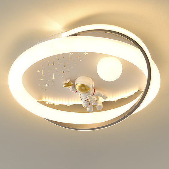 Contemporary Creative Unicorn Astronaut Rocket Round Iron Acrylic Resin LED Flush Mount Ceiling Light For Bedroom