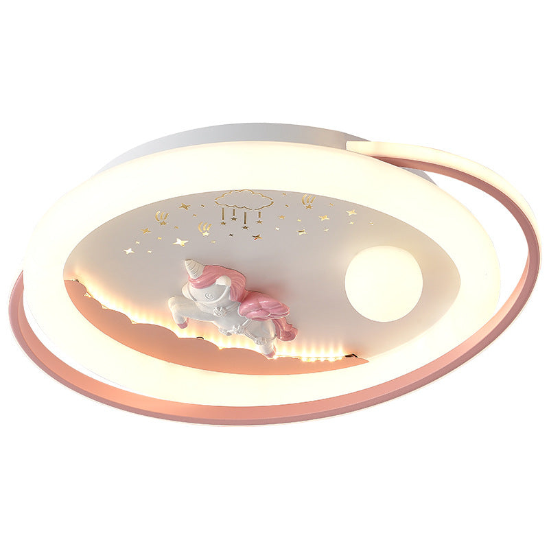 Contemporary Creative Unicorn Astronaut Rocket Round Iron Acrylic Resin LED Flush Mount Ceiling Light For Bedroom