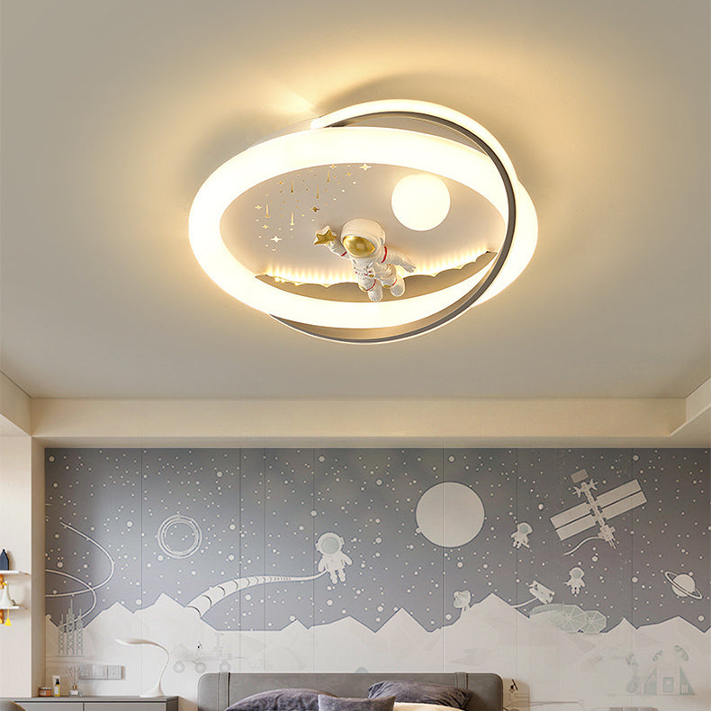 Contemporary Creative Unicorn Astronaut Rocket Round Iron Acrylic Resin LED Flush Mount Ceiling Light For Bedroom