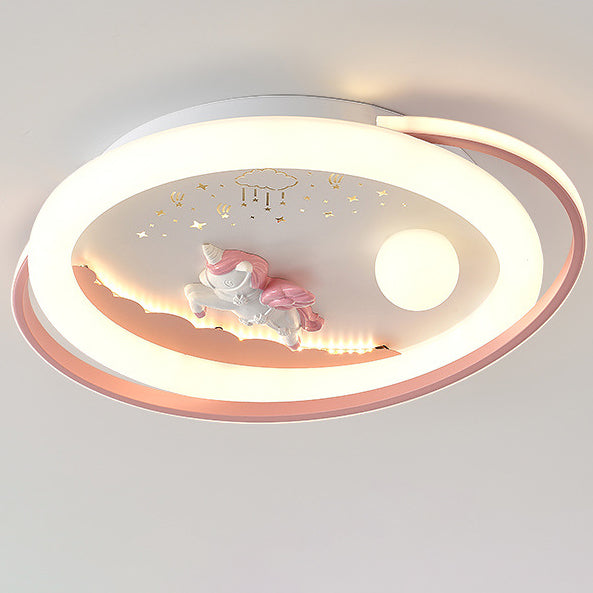 Contemporary Creative Unicorn Astronaut Rocket Round Iron Acrylic Resin LED Flush Mount Ceiling Light For Bedroom