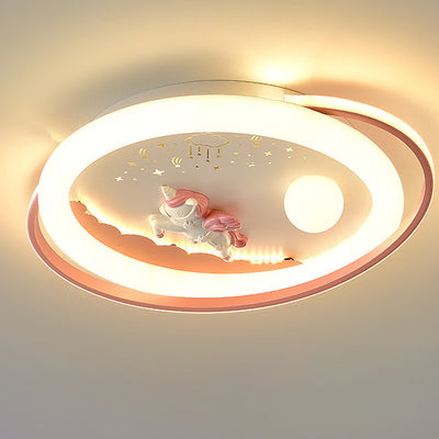 Contemporary Creative Unicorn Astronaut Rocket Round Iron Acrylic Resin LED Flush Mount Ceiling Light For Bedroom