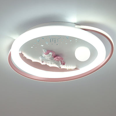 Contemporary Creative Unicorn Astronaut Rocket Round Iron Acrylic Resin LED Flush Mount Ceiling Light For Bedroom