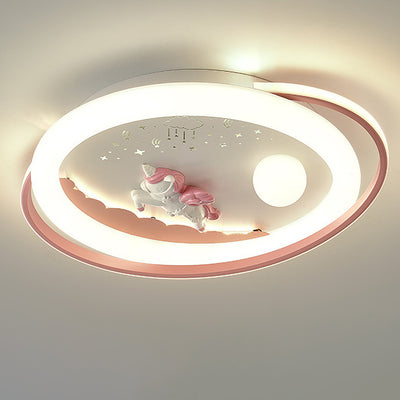 Contemporary Creative Unicorn Astronaut Rocket Round Iron Acrylic Resin LED Flush Mount Ceiling Light For Bedroom