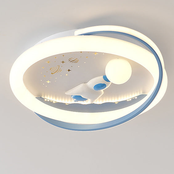 Contemporary Creative Unicorn Astronaut Rocket Round Iron Acrylic Resin LED Flush Mount Ceiling Light For Bedroom