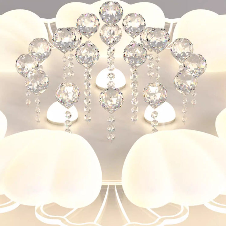 Contemporary Nordic Cream Flower Balls Crystal Iron PE Acrylic LED Flush Mount Ceiling Light For Bedroom