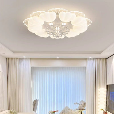 Contemporary Nordic Cream Flower Balls Crystal Iron PE Acrylic LED Flush Mount Ceiling Light For Bedroom