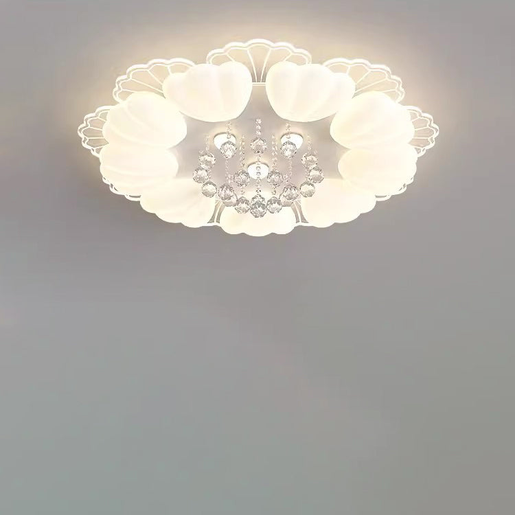 Contemporary Nordic Cream Flower Balls Crystal Iron PE Acrylic LED Flush Mount Ceiling Light For Bedroom