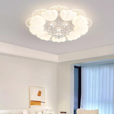 Contemporary Nordic Cream Flower Balls Crystal Iron PE Acrylic LED Flush Mount Ceiling Light For Bedroom