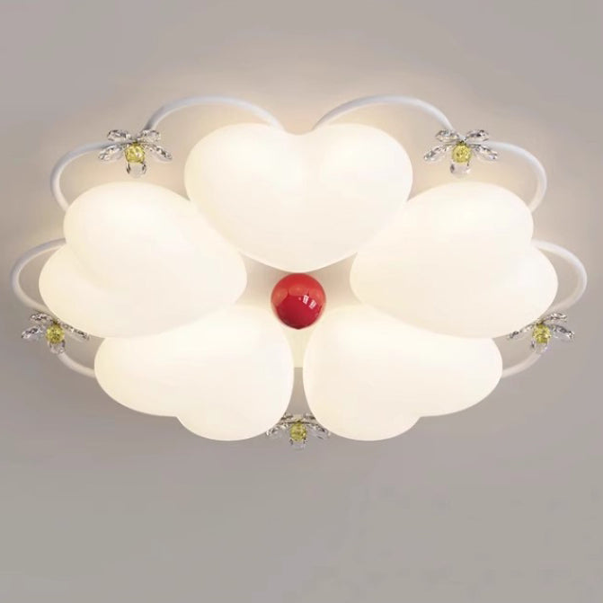 Contemporary Nordic Cream Flower Stitching Heart Ball Acrylic Iron PE LED Flush Mount Ceiling Light For Bedroom