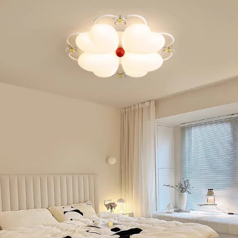 Contemporary Nordic Cream Flower Stitching Heart Ball Acrylic Iron PE LED Flush Mount Ceiling Light For Bedroom