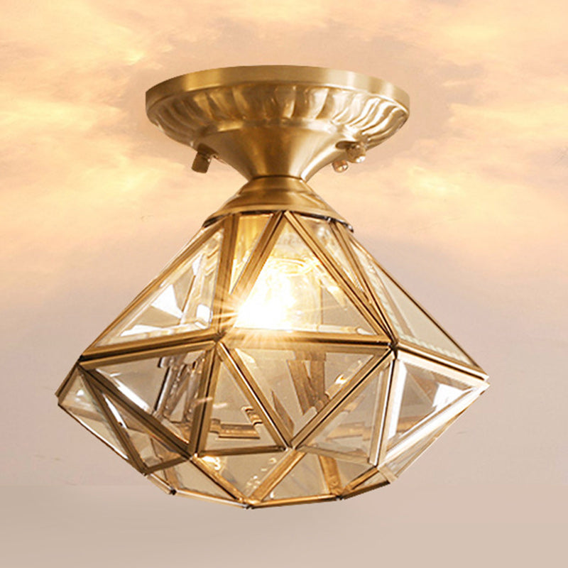 Modern Luxury Dome Diamond Shape Full Copper Glass Lampshade 1 - Light Semi-Flush Mount Ceiling Light For Hallways