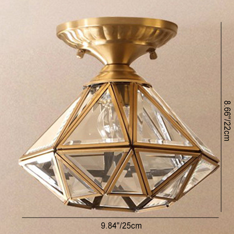 Modern Luxury Dome Diamond Shape Full Copper Glass Lampshade 1 - Light Semi-Flush Mount Ceiling Light For Hallways