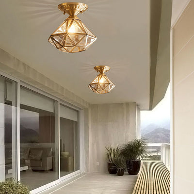 Modern Luxury Dome Diamond Shape Full Copper Glass Lampshade 1 - Light Semi-Flush Mount Ceiling Light For Hallways