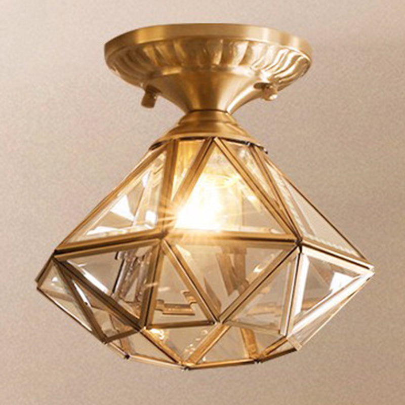 Modern Luxury Dome Diamond Shape Full Copper Glass Lampshade 1 - Light Semi-Flush Mount Ceiling Light For Hallways