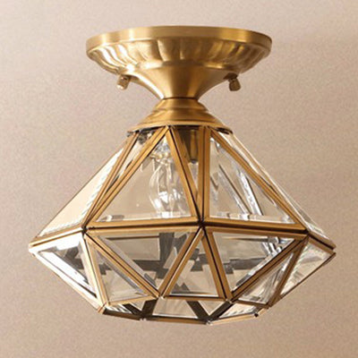 Modern Luxury Dome Diamond Shape Full Copper Glass Lampshade 1 - Light Semi-Flush Mount Ceiling Light For Hallways