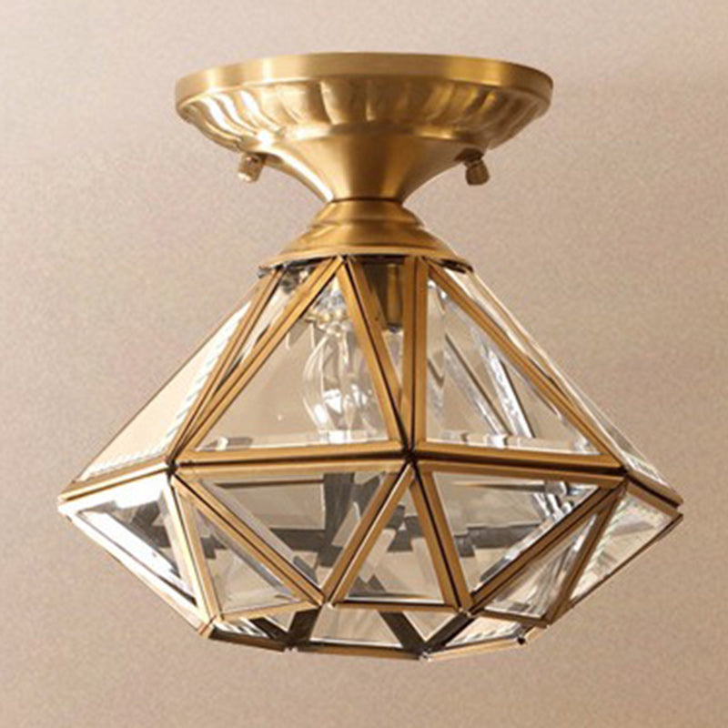 Modern Luxury Dome Diamond Shape Full Copper Glass Lampshade 1 - Light Semi-Flush Mount Ceiling Light For Hallways