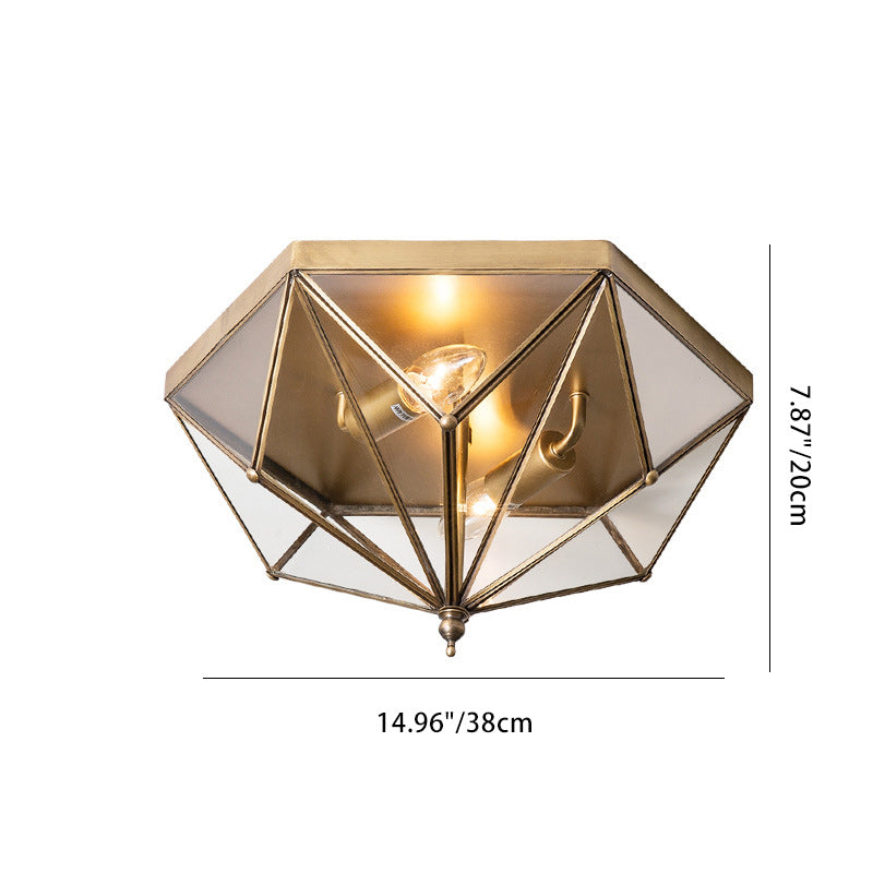 Contemporary Simplicity Polygonal Cone Full Copper Glass Lampshade 2 - Light Flush Mount Ceiling Light For Living Room