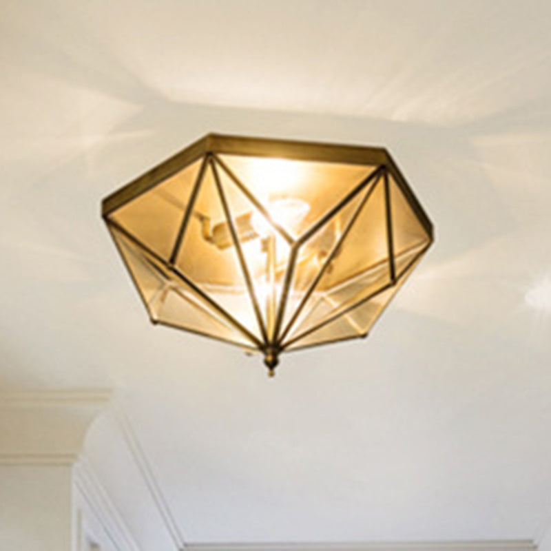 Contemporary Simplicity Polygonal Cone Full Copper Glass Lampshade 2 - Light Flush Mount Ceiling Light For Living Room