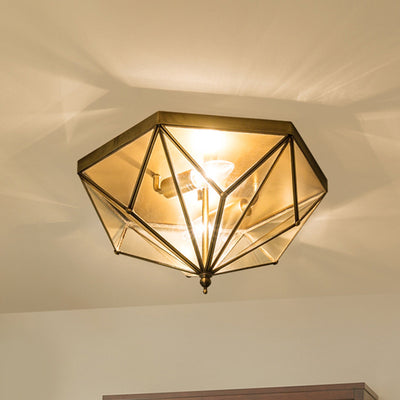 Contemporary Simplicity Polygonal Cone Full Copper Glass Lampshade 2 - Light Flush Mount Ceiling Light For Living Room