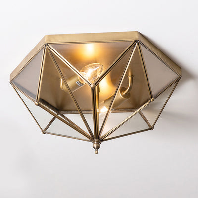 Contemporary Simplicity Polygonal Cone Full Copper Glass Lampshade 2 - Light Flush Mount Ceiling Light For Living Room