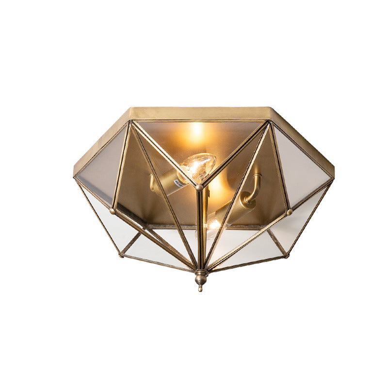 Contemporary Simplicity Polygonal Cone Full Copper Glass Lampshade 2 - Light Flush Mount Ceiling Light For Living Room