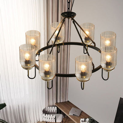 Contemporary Industrial Transparent Cylindrical Glass Lampshade Iron 6/8 - Light Chandelier For Living Room