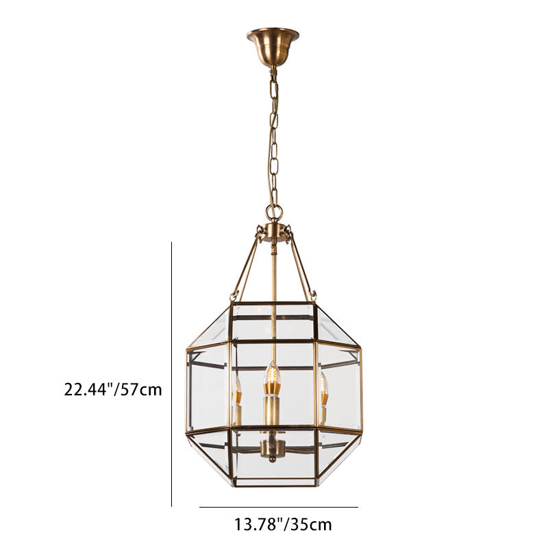 Contemporary Retro Polygonal Sphere Full Copper Glass Lampshade 3/4 - Light Chandelier For Living Room